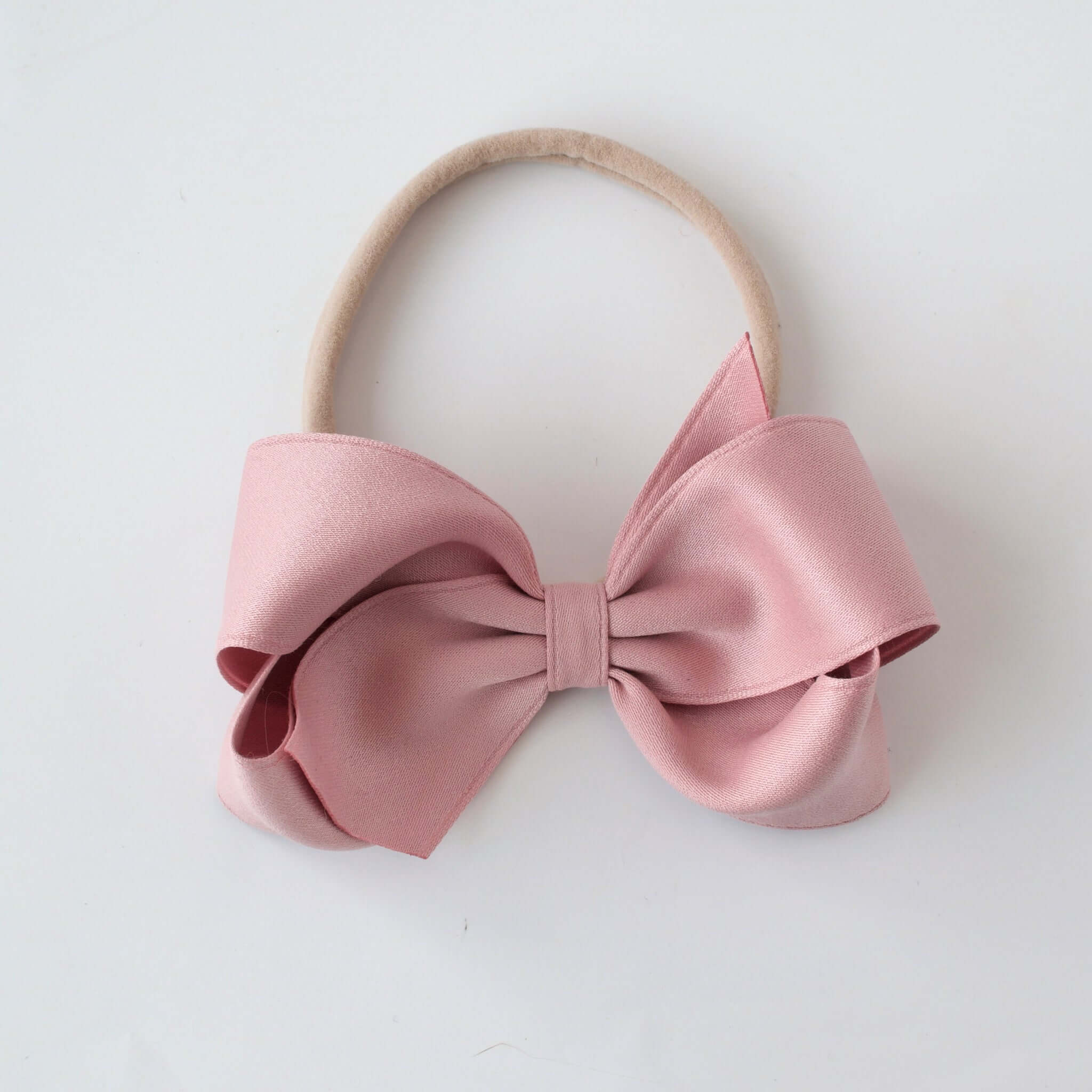 Sustainable recycled polyester 4 inch matte satin bow headband for newborn to girls in dusty rose