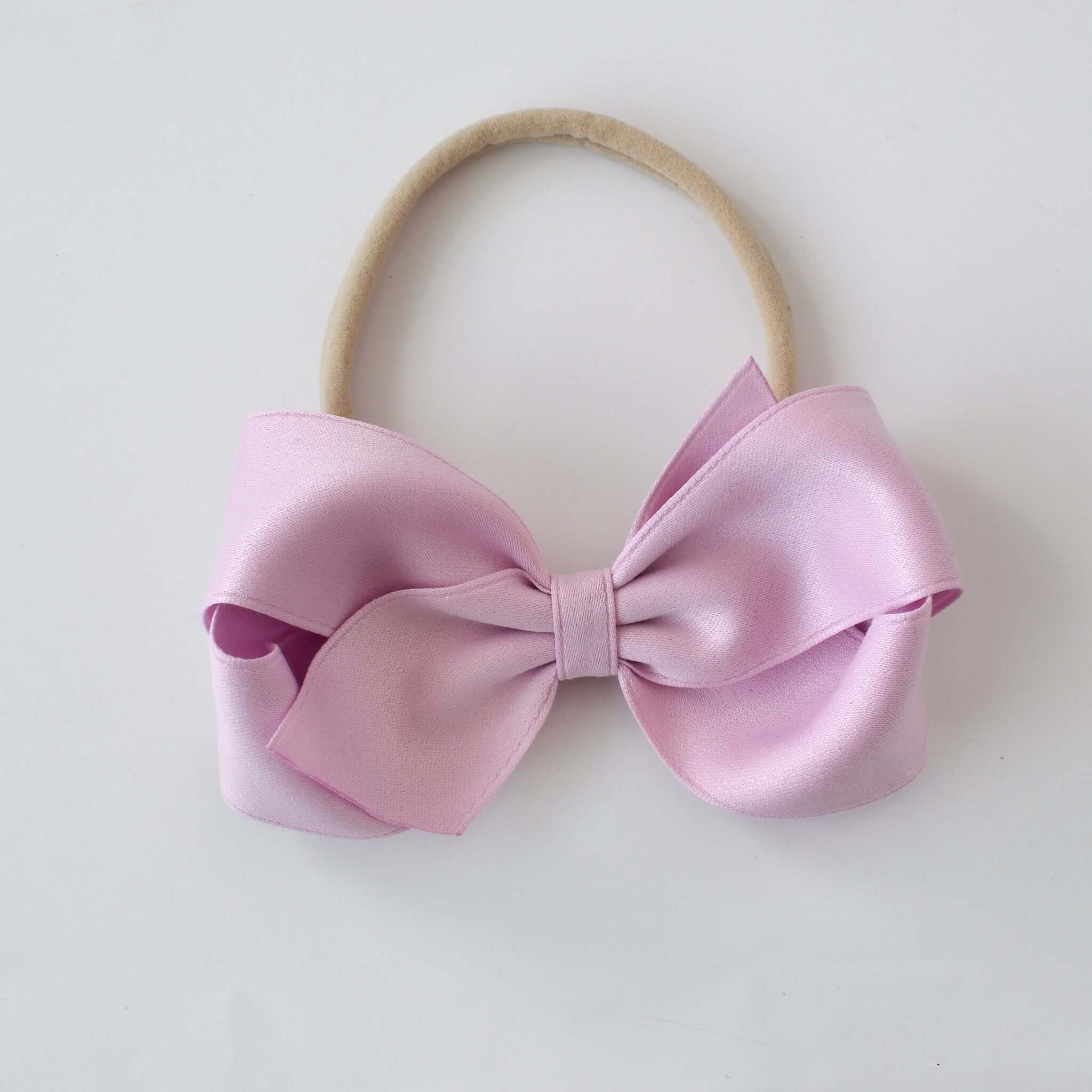 Sustainable recycled polyester 4 inch matte satin bow headband for newborn to girls in lavender