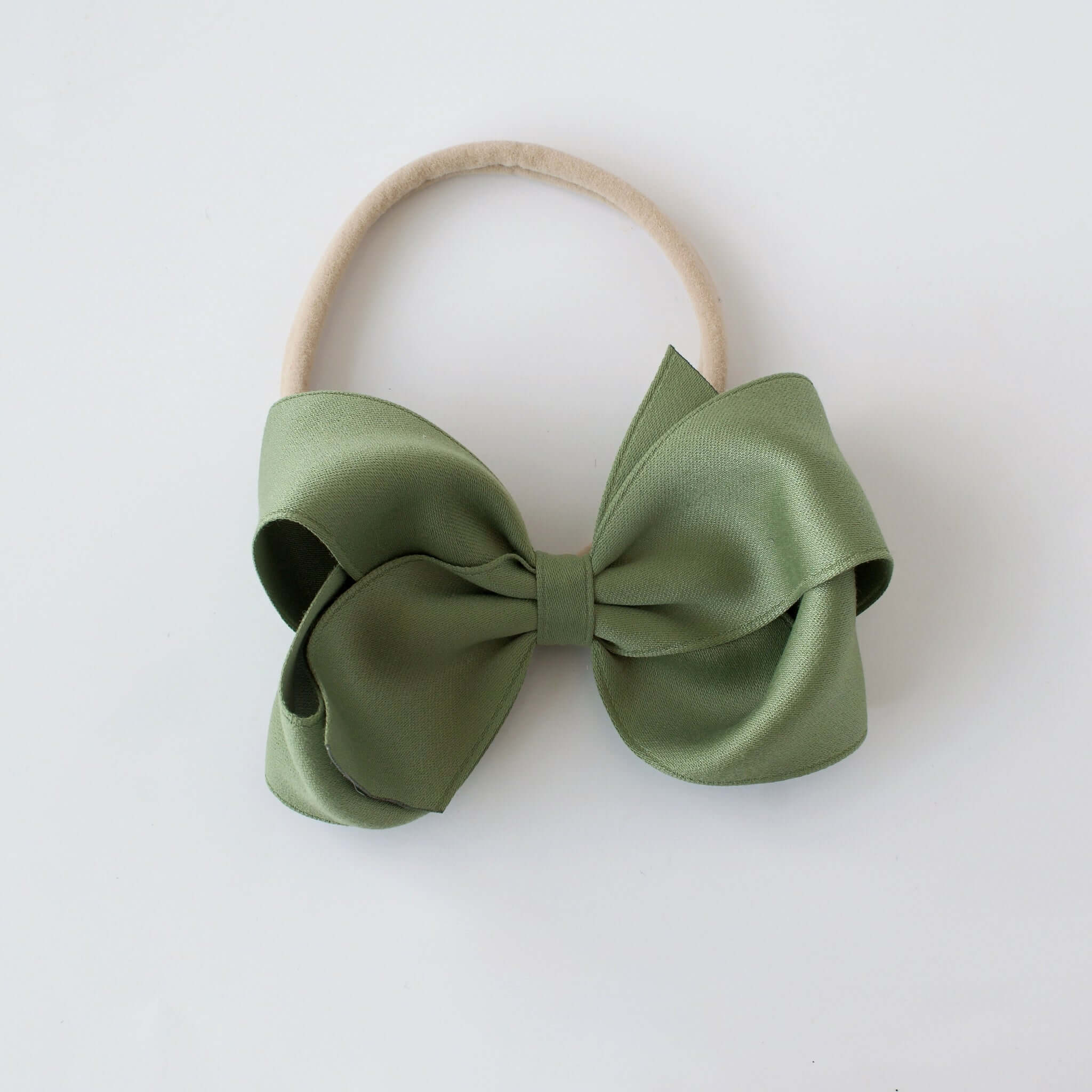 Sustainable recycled polyester 4 inch matte satin bow headband for newborn to girls in olive