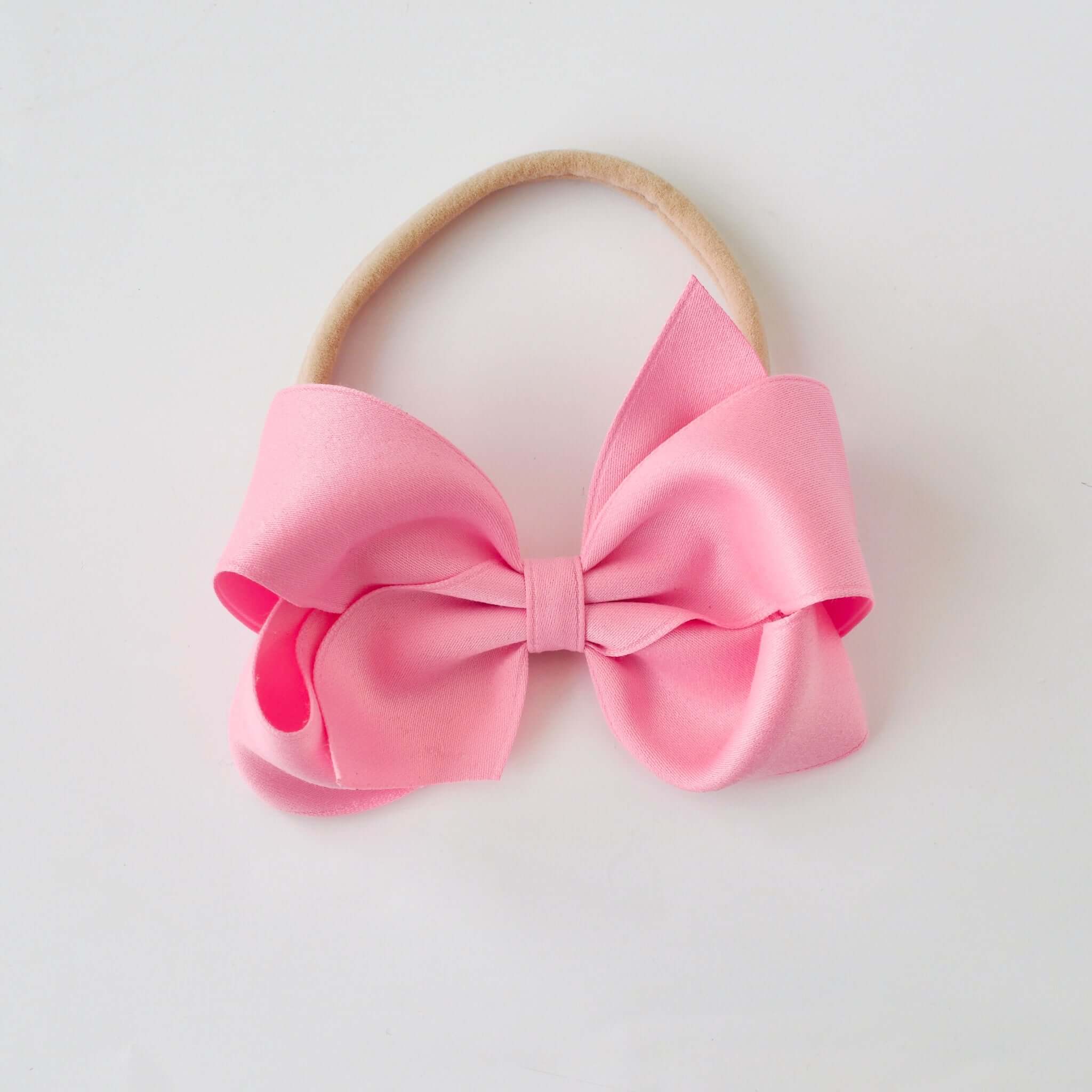 Sustainable recycled polyester 4 inch matte satin bow headband for newborn to girls in pink