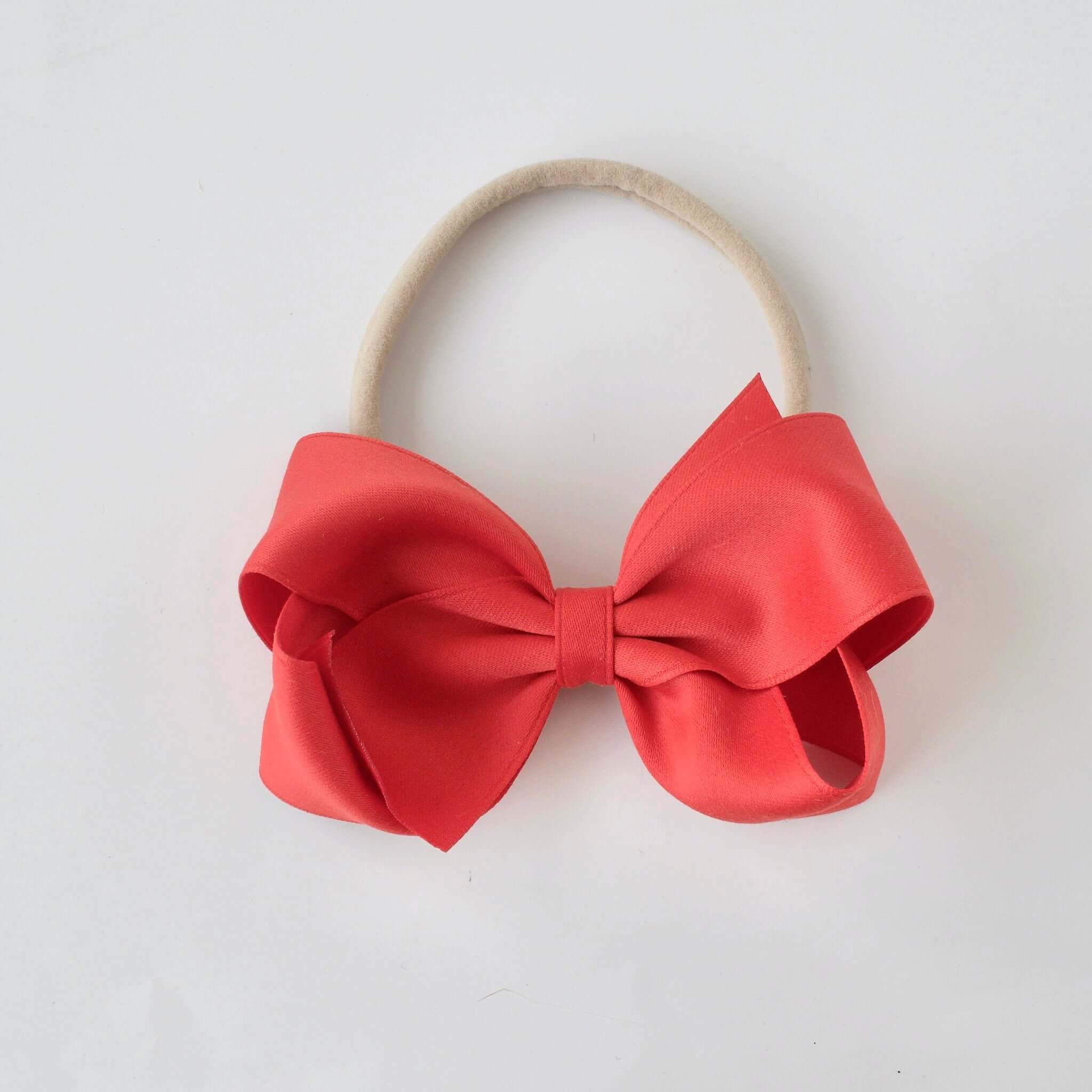 Sustainable recycled polyester 4 inch matte satin bow headband for newborn to girls in red