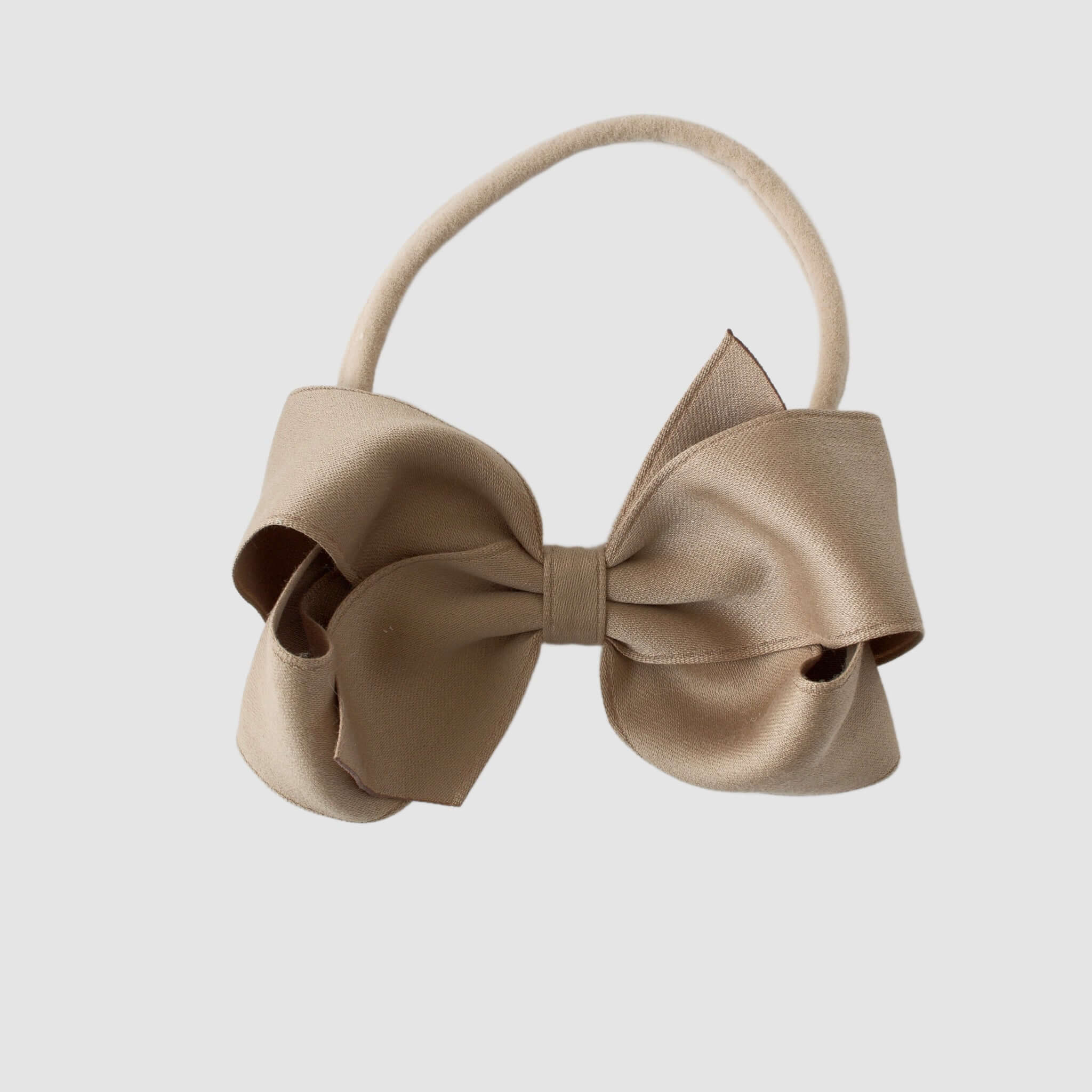 Sustainable recycled polyester matte satin bow headband for newborn to girls in taupe