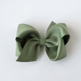 Sustainable recycled polyester 4 inch matte satin hair bow for toddlers to girls in olive