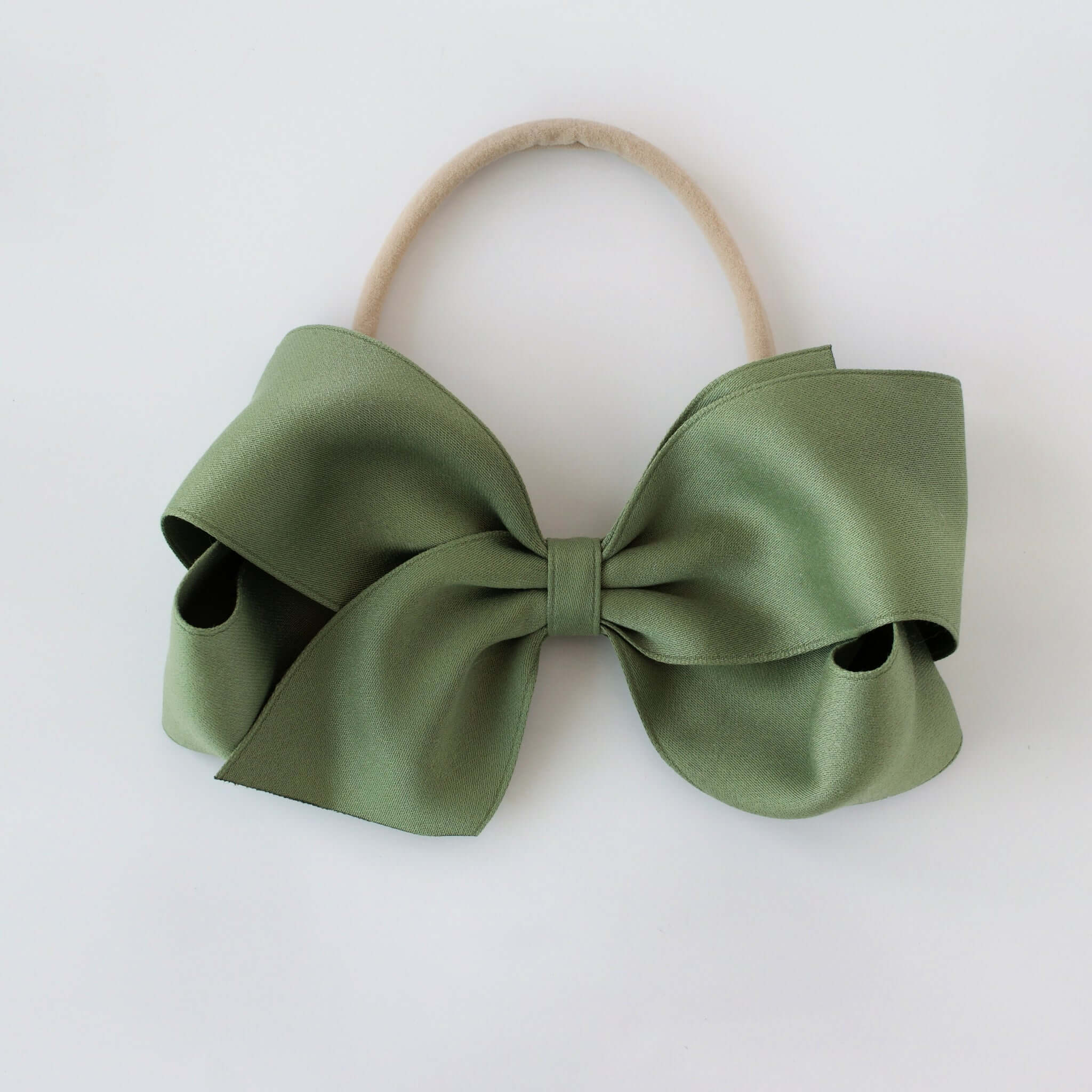 Sustainable recycled polyester matte satin bow headband for newborn to girls in olive