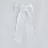 White satin Zoe bow with long tails and rose center, bridal hair accessory