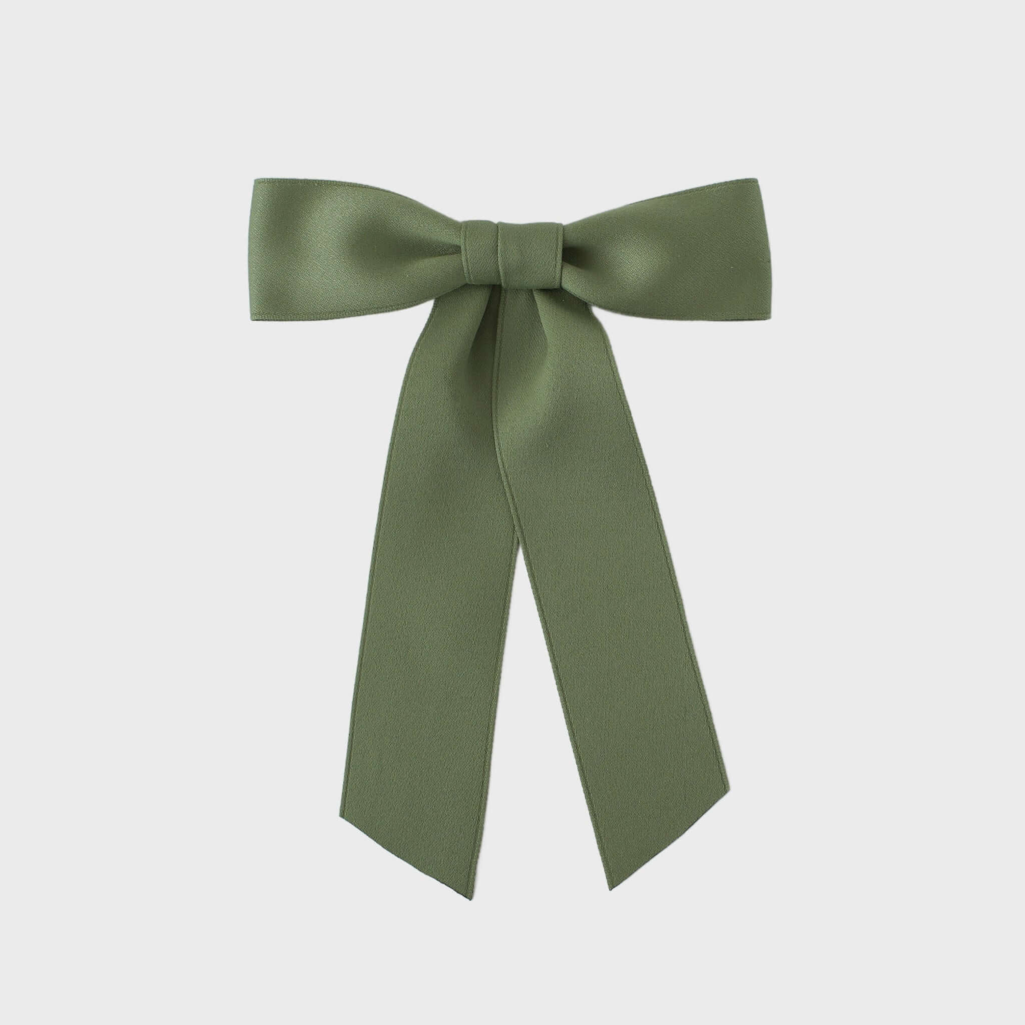 Sustainable recycled matte satin ribbon hair bow in olive green for women and girls.