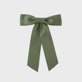 Sustainable recycled matte satin ribbon hair bow in olive green for women and girls.
