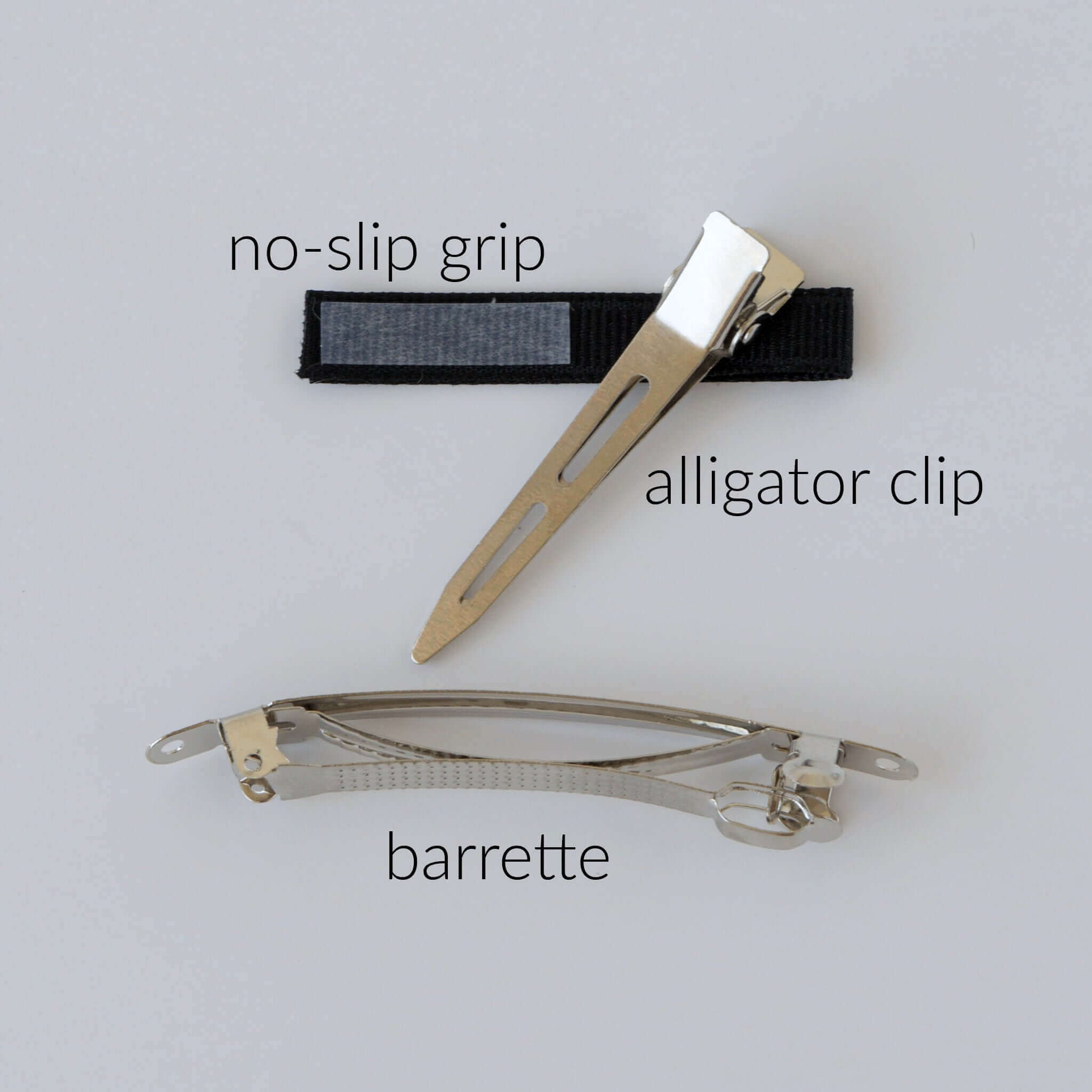 Clip options for hair bow, alligator clip with a no slip grip or french barrette.