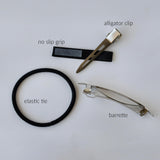 Bow is attached to your choices of an elastic hair tie, barrette, or alligator clip with a no-slip grip, for easy all-day wear.