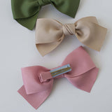 Clip style for Kayla Grosgrain Bow Set in earthtones: olive, oatmeal, and mauve bows for toddlers and girls' outfits.
