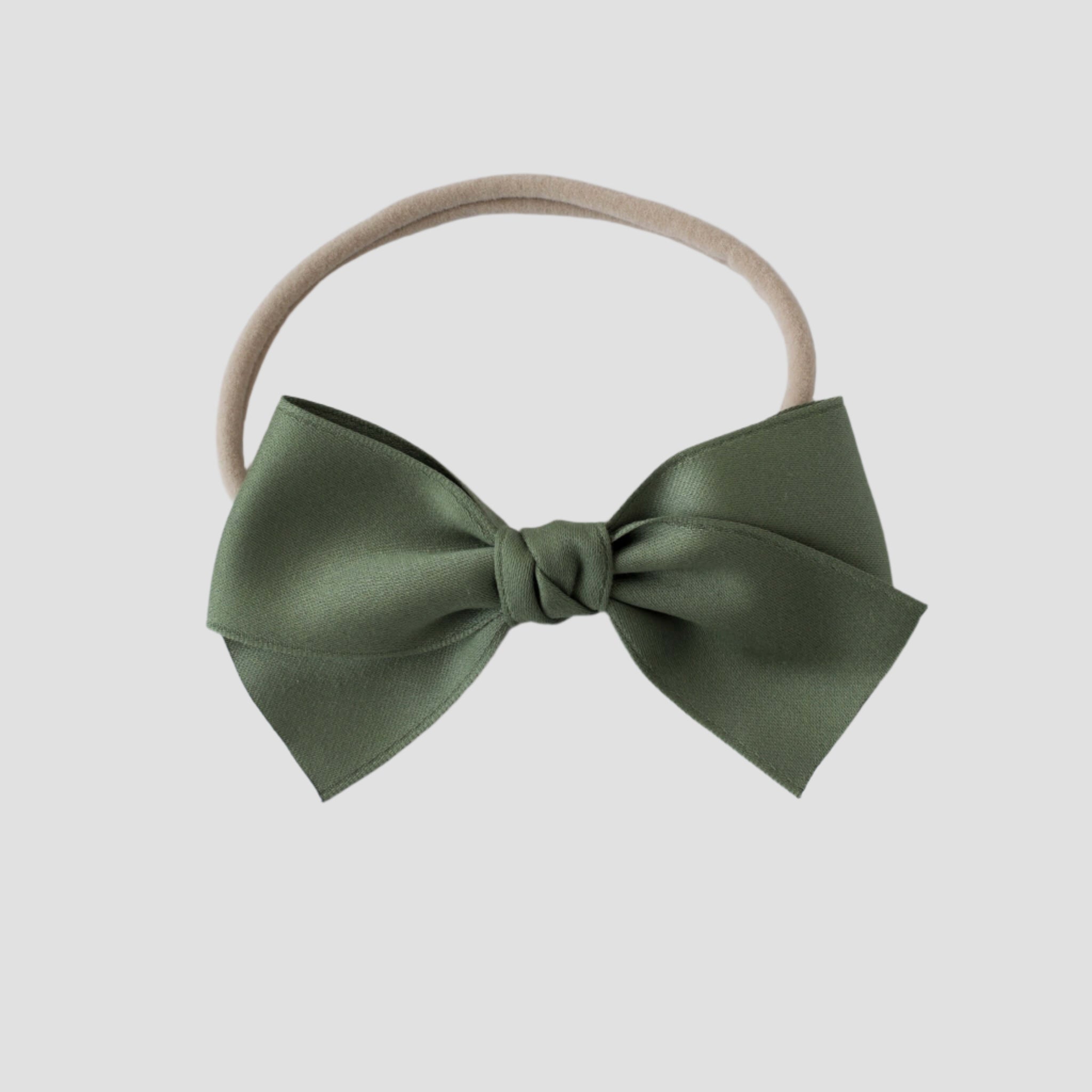 Sustainable recycled polyester matte satin bow headband for newborns to toddlers in olive