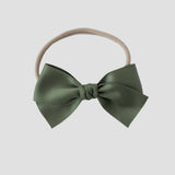 Sustainable recycled polyester matte satin bow headband for newborns to toddlers in olive