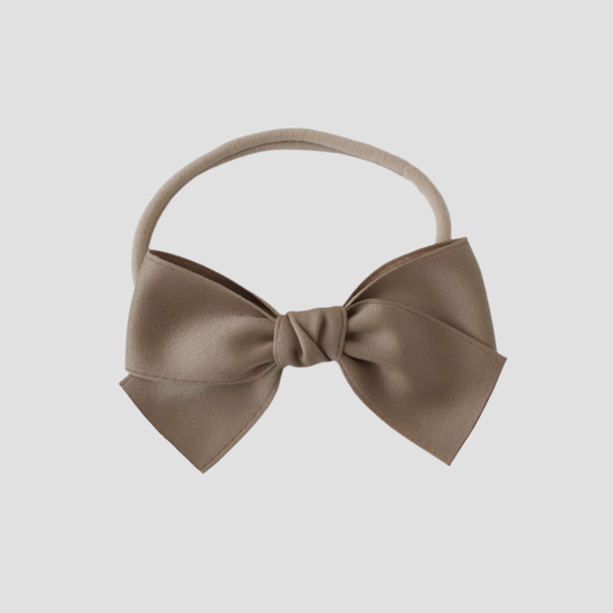 Sustainable recycled polyester matte satin bow headband for newborns to toddlers in taupe
