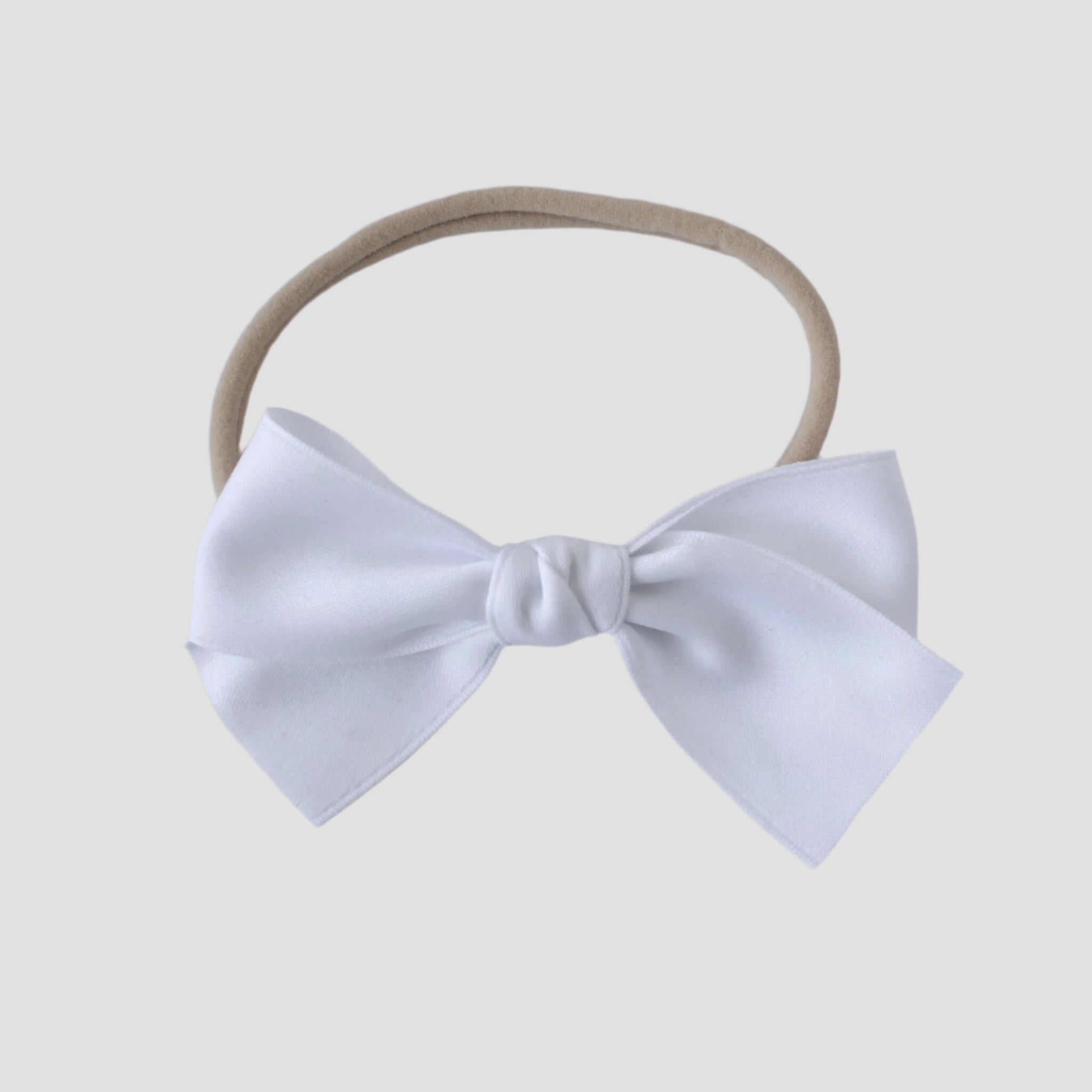 Sustainable recycled polyester matte satin bow headband for newborns to toddlers in white