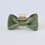 Olive green sustainable matte satin bow hair clip with gold claw – stylish and trendy