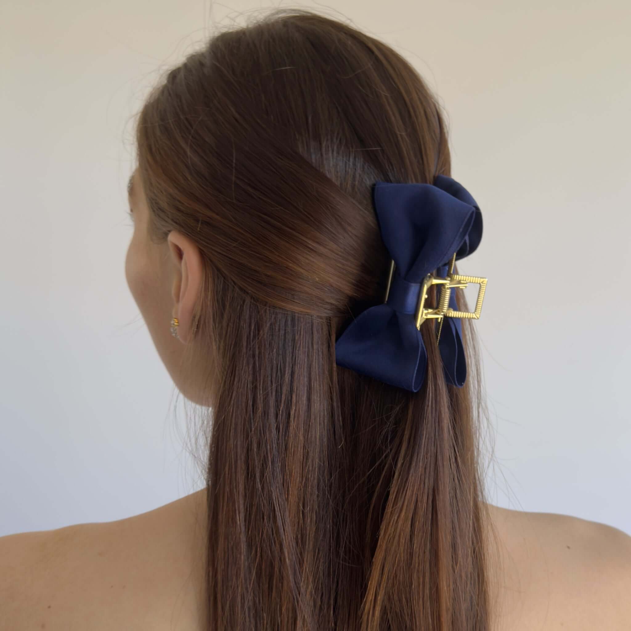 Navy blue satin bow claw clip - work friendly