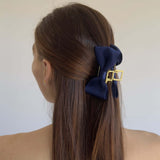 Navy blue satin bow claw clip - work friendly