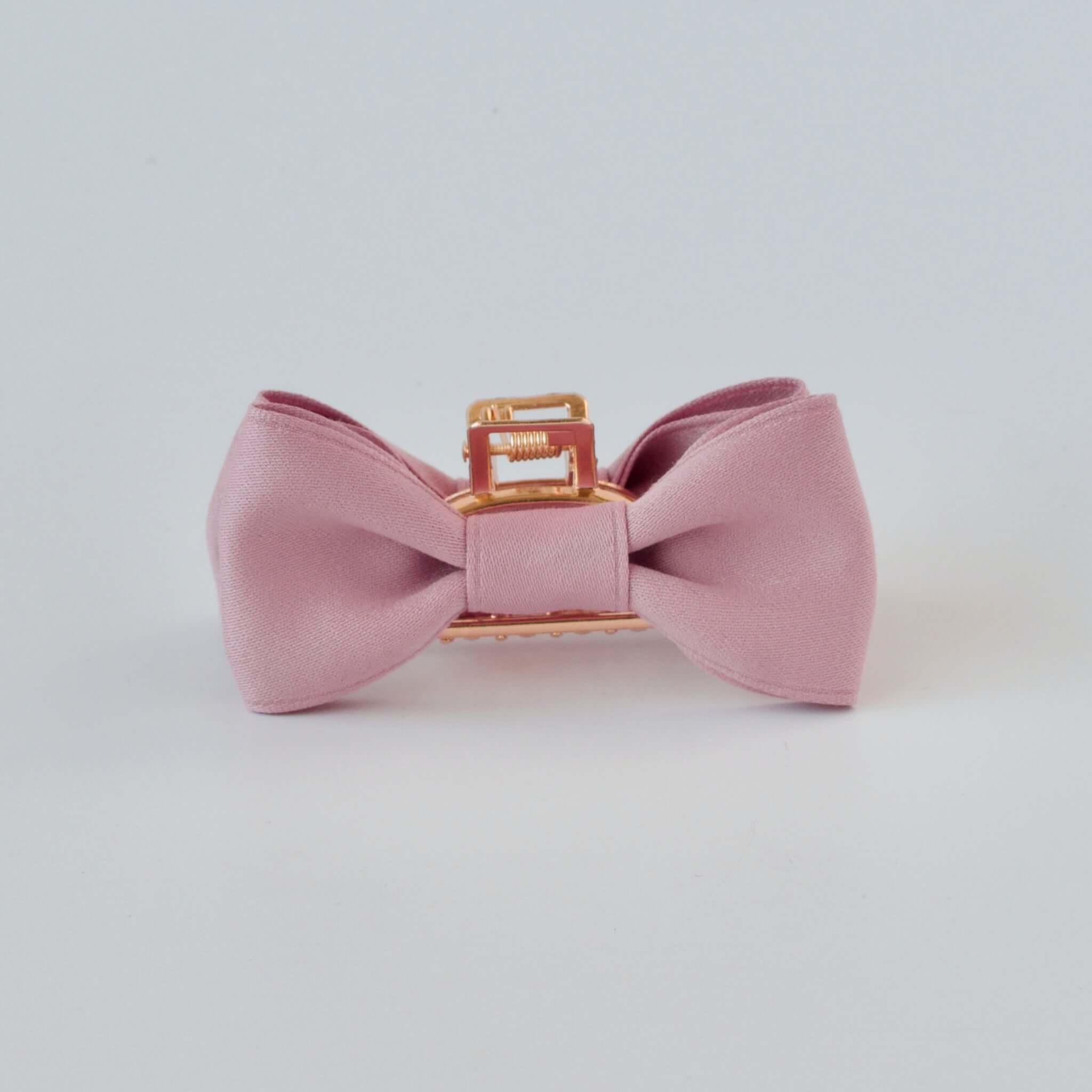 Dusty rose pink hair bow, gold metal claw clip. Party hair accessories for girls and women.
