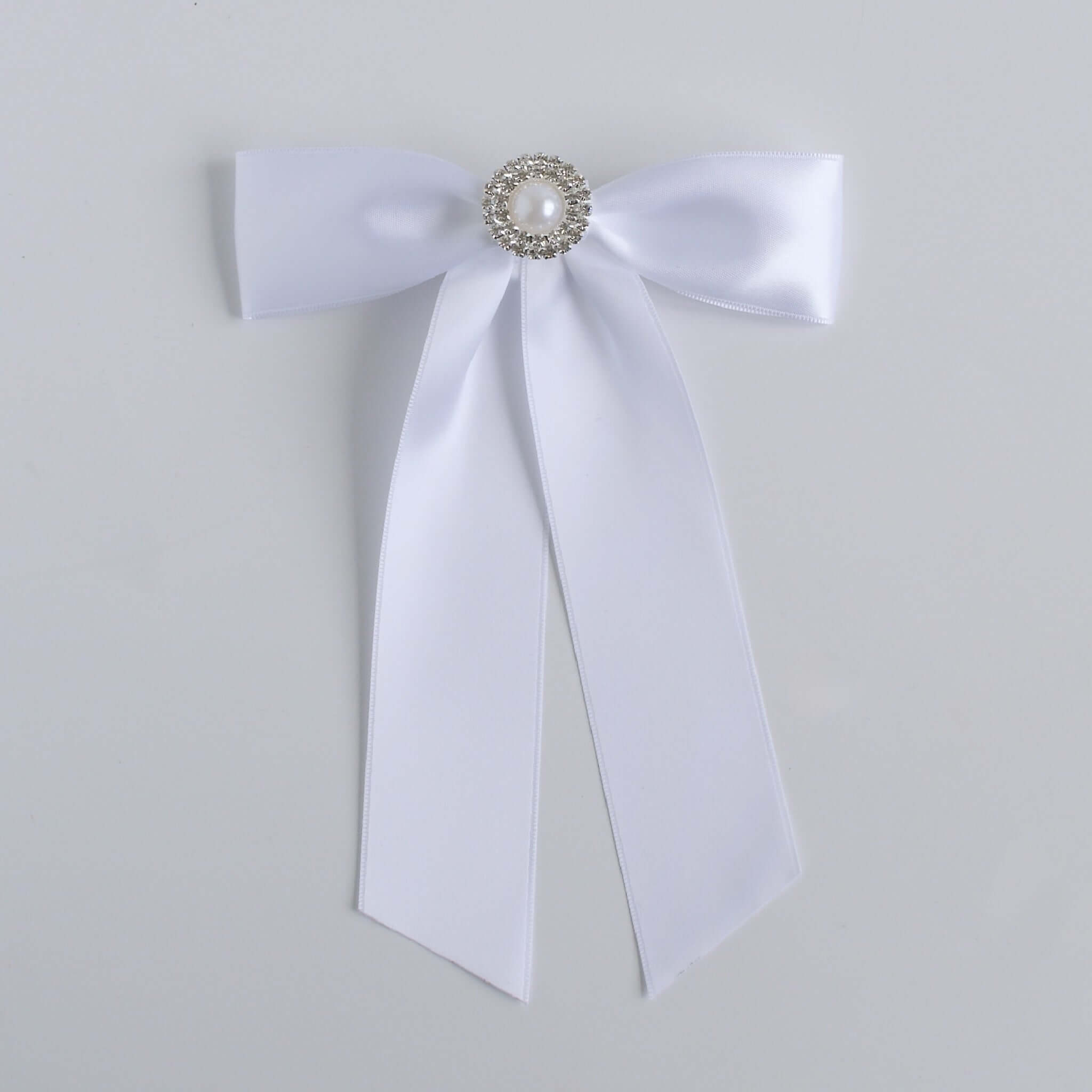 Zoe Petite White Satin Bow with Pearl