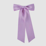 Zoe Matte Satin Bow in pastel lavender, oversized long tail hair bow made with sustainable recycled satin ribbon for weddings and everyday wear.