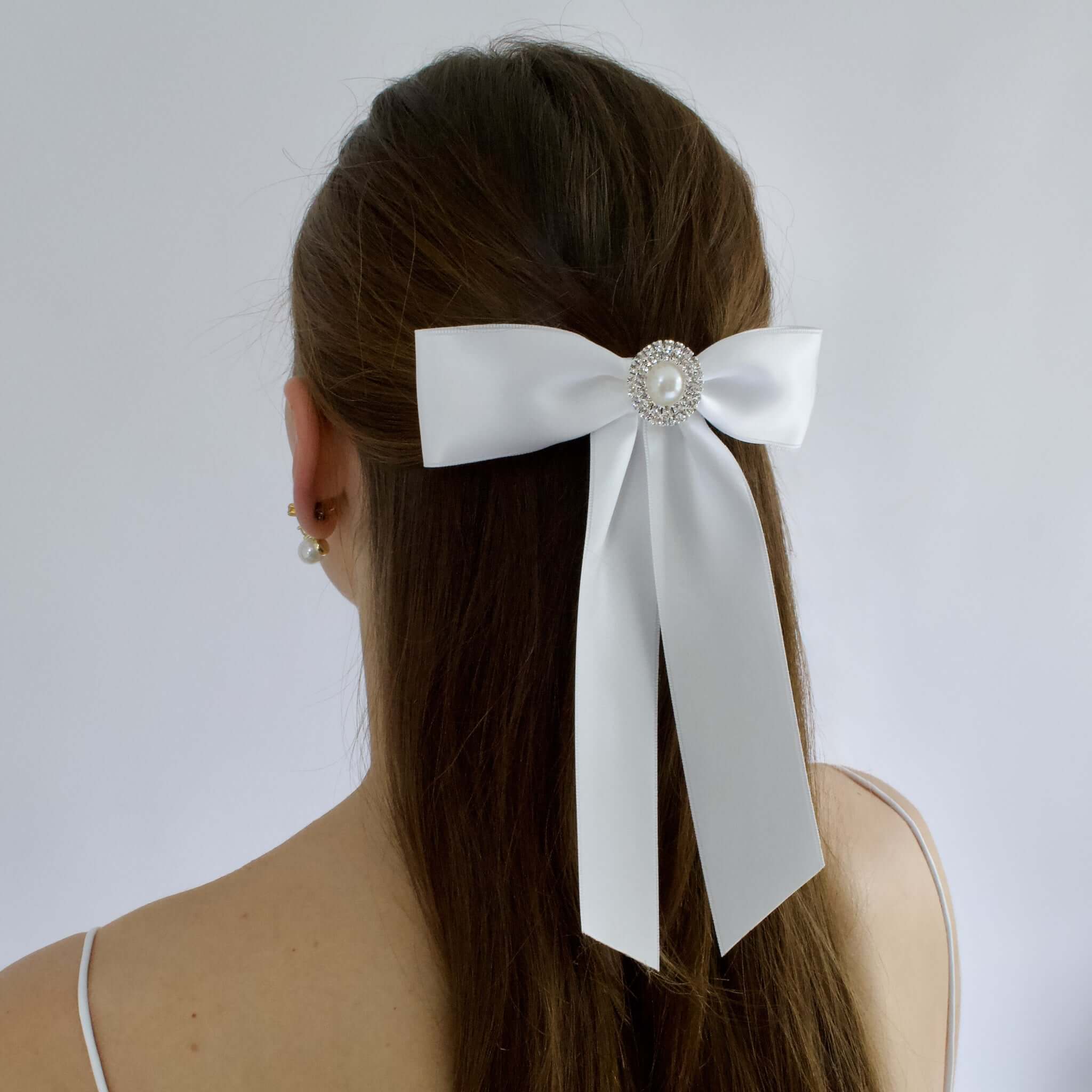 Zoe Petite White Satin Bow with Pearl