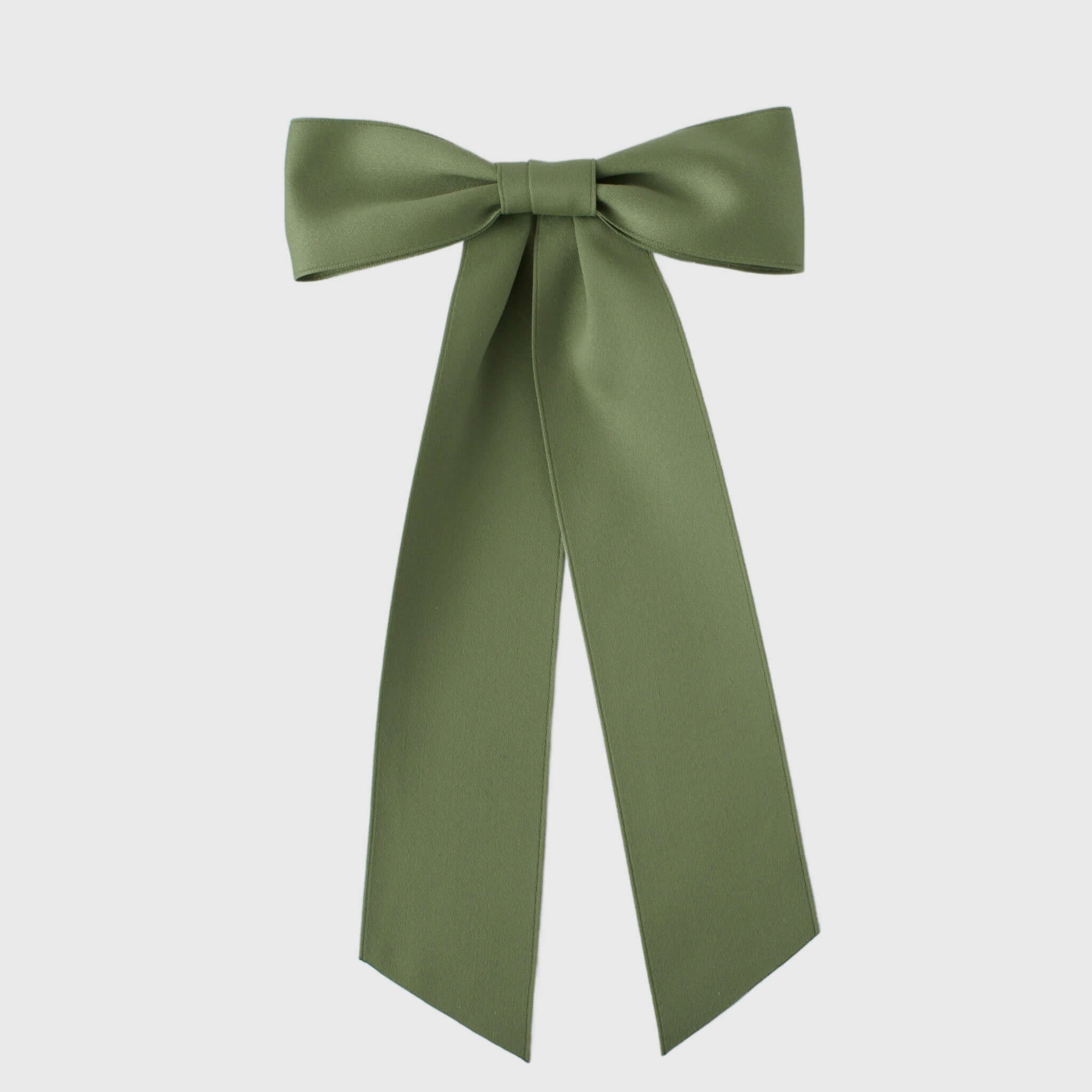 Zoe Matte Satin Bow in olive green, oversized long tail hair bow handmade with sustainable recycled satin ribbon for wedding and everyday wear.