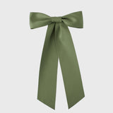 Zoe Matte Satin Bow in olive green, oversized long tail hair bow handmade with sustainable recycled satin ribbon for wedding and everyday wear.