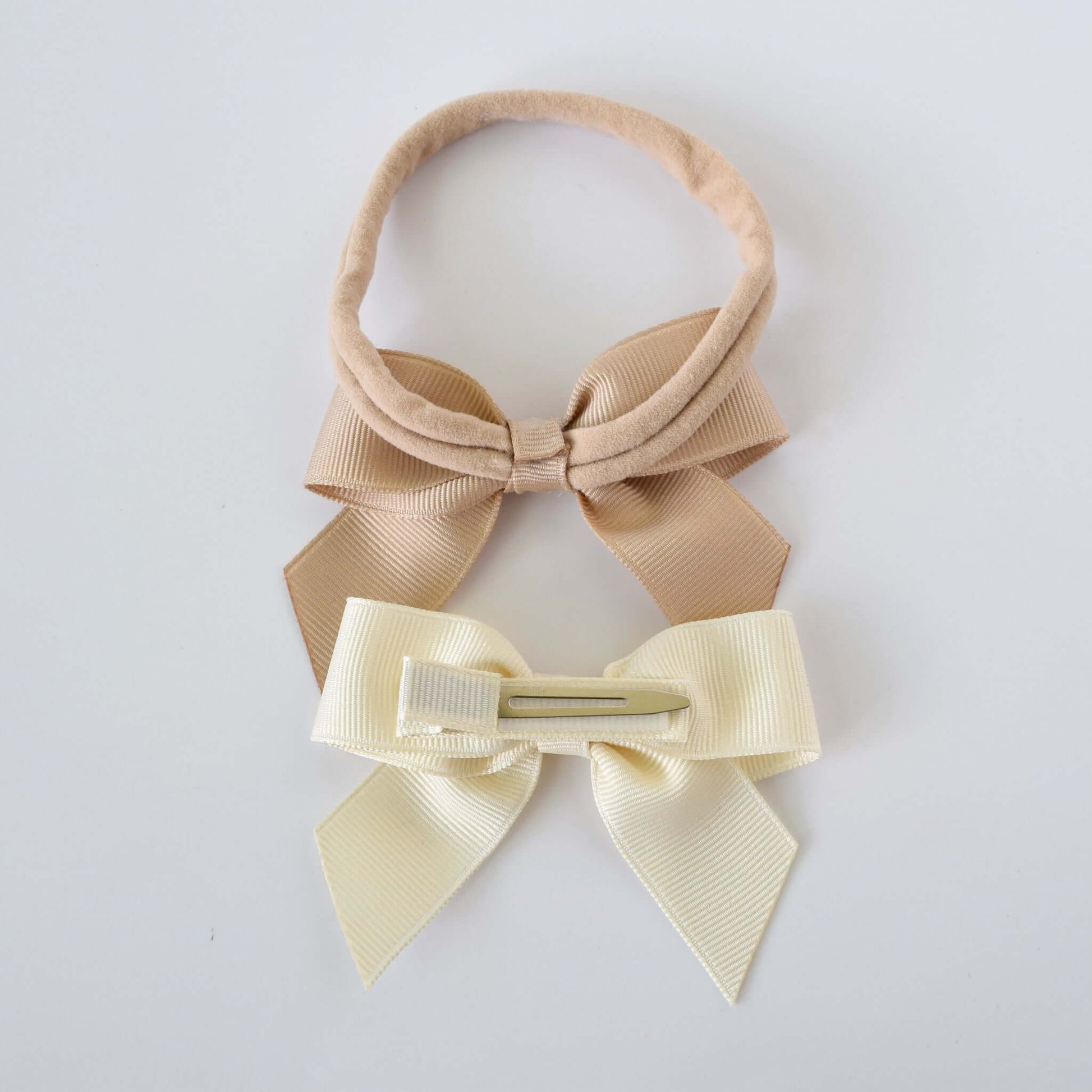 Taupe grosgrain sailor bow headband and ivory bow clip for babies, toddlers, and little girls – 3-inch accessories.