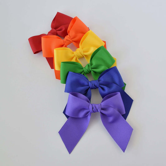 4 inch grosgrain sailor hair bow in rainbow colors, handmade accessory for toddlers and girls with no-slip alligator clip or French barrette