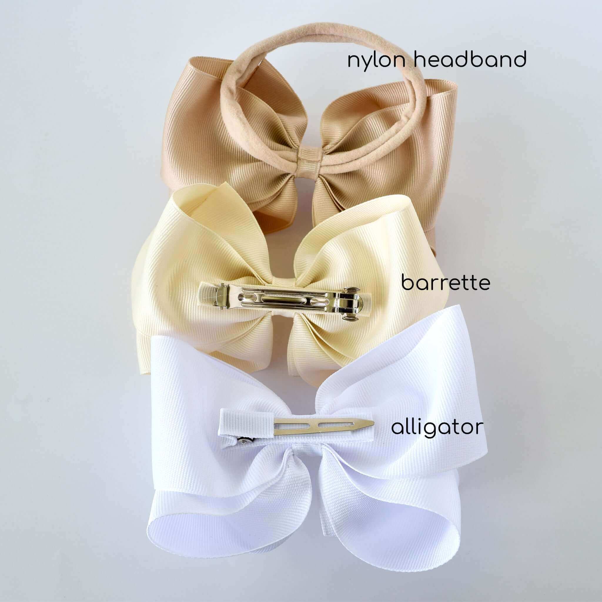 Showing 4 inch grosgrain Penelope hair bows in fall/winter 2024 colors, with an alligator clip, barrette and nude nylon headband options