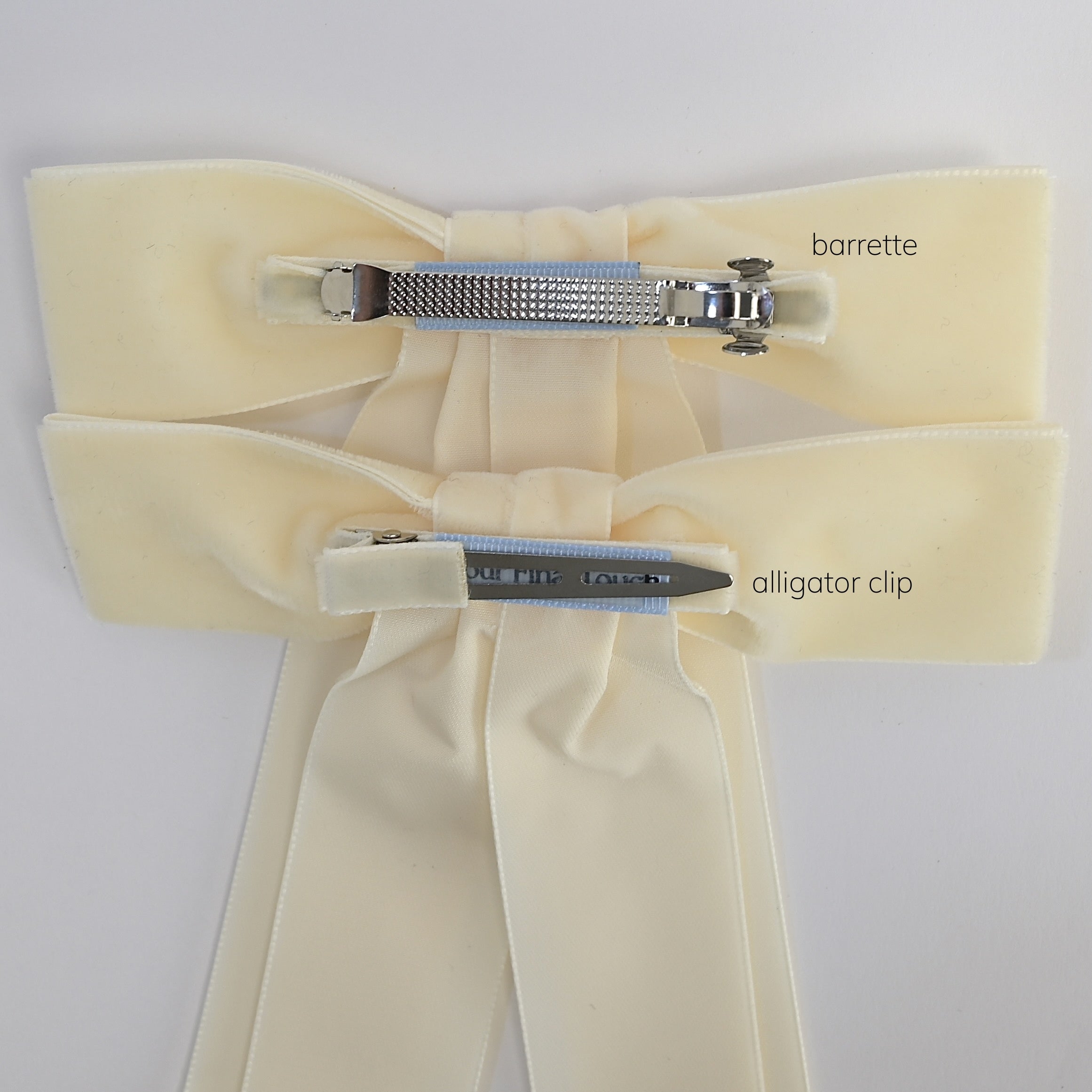 Clip choices for the Zoe petite velvet bow. Alligator clip or barrette