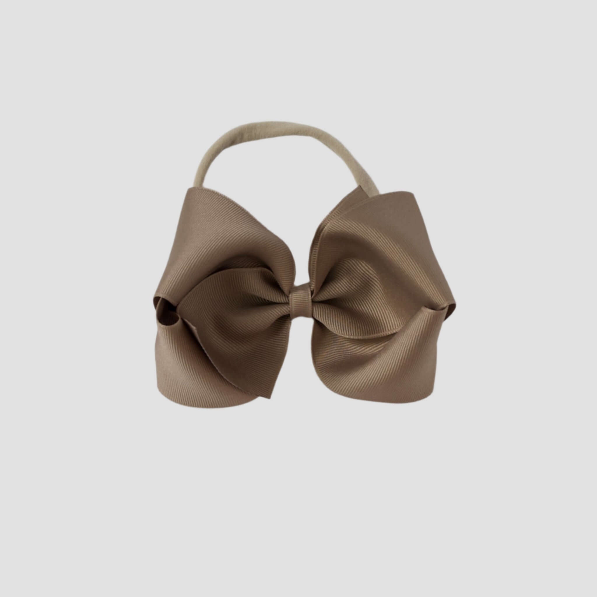 5 inch Grosgrain Penelope hair bow Headband in taupe brown on a white background