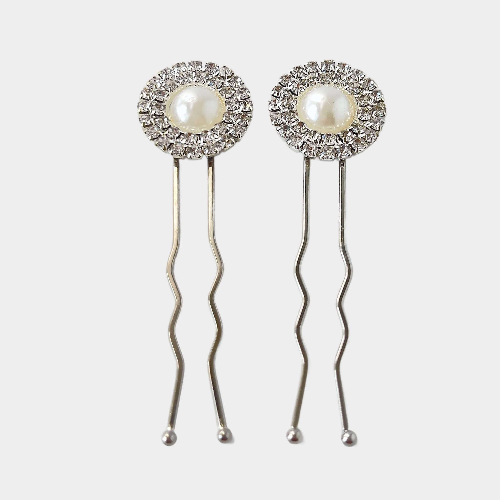 Pearl and Rhinestone Silver Hair Pin Set