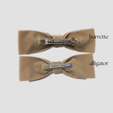Showing alligator clip and barrette choices for the Ava velvet hair bow