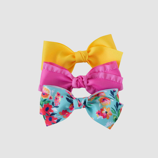 4 inch baby Kayla bows in bright yellow, hot pink and floral aqua.