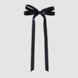 Olivia Picot Satin Bow in black with picot edges, elegant hair accessory for women and girls, featuring alligator clip.