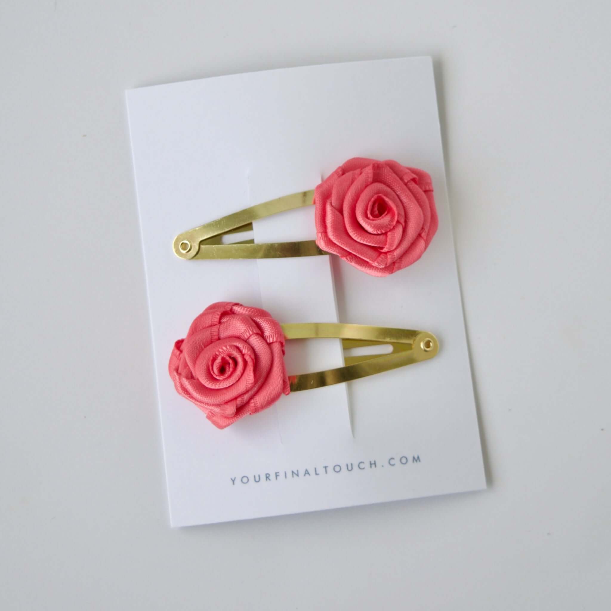 Rose Satin Snap Clips with handcrafted rose on gold snap clip, handmade in the USA with premium satin ribbon.