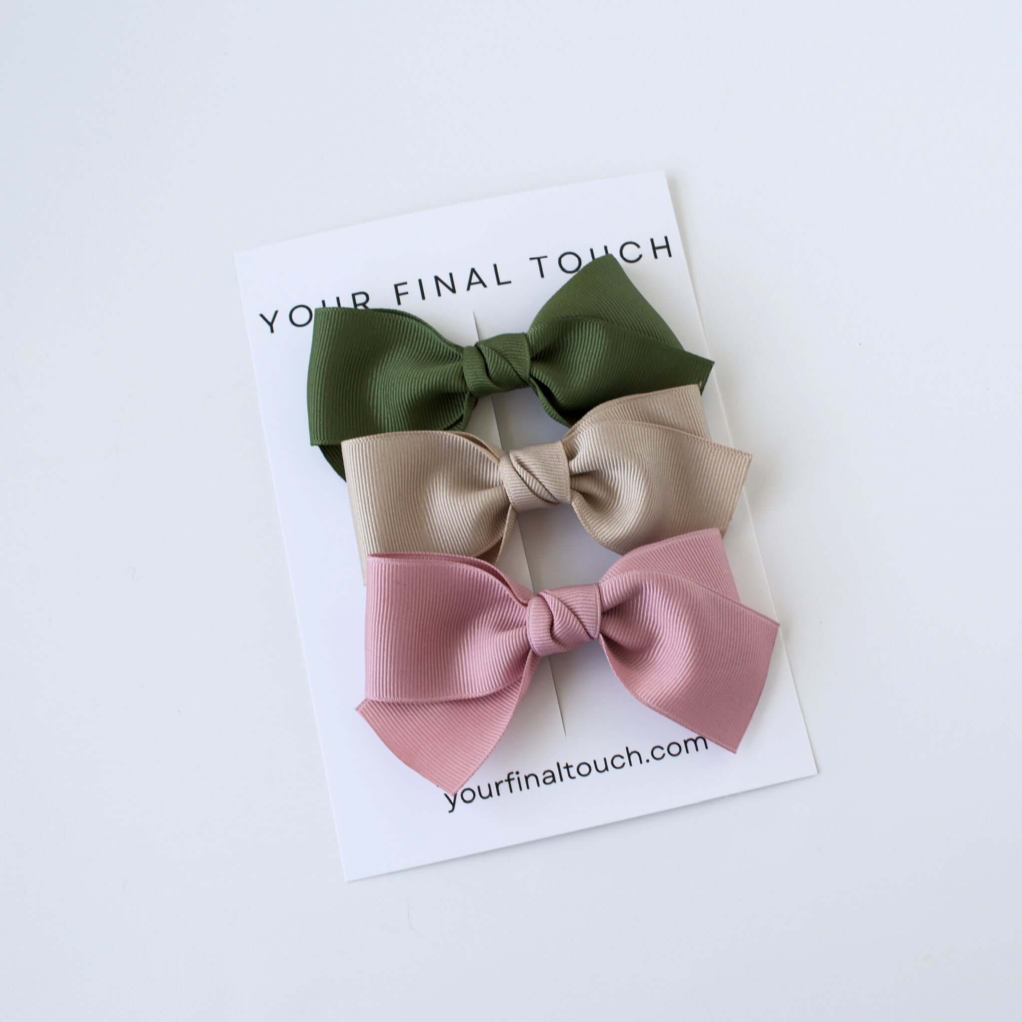 Kayla Grosgrain Bow Set featuring olive, oatmeal, and mauve bows, perfect for girls and toddlers to enhance their style.
