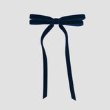 Navy Olivia velvet hair bow for women with long tails on white background