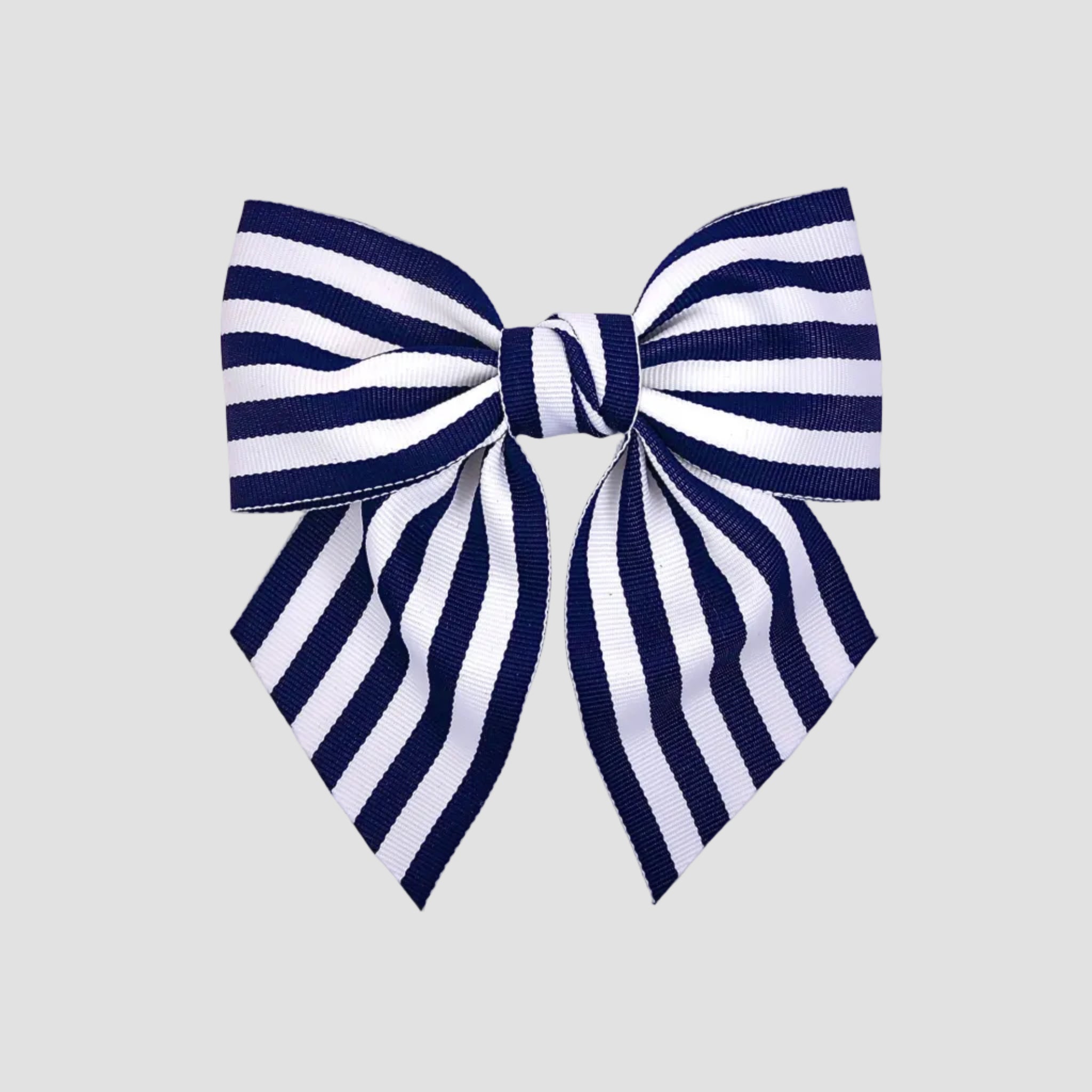 Navy and white striped bow on a white background
