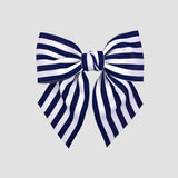 Navy and white striped bow on a white background