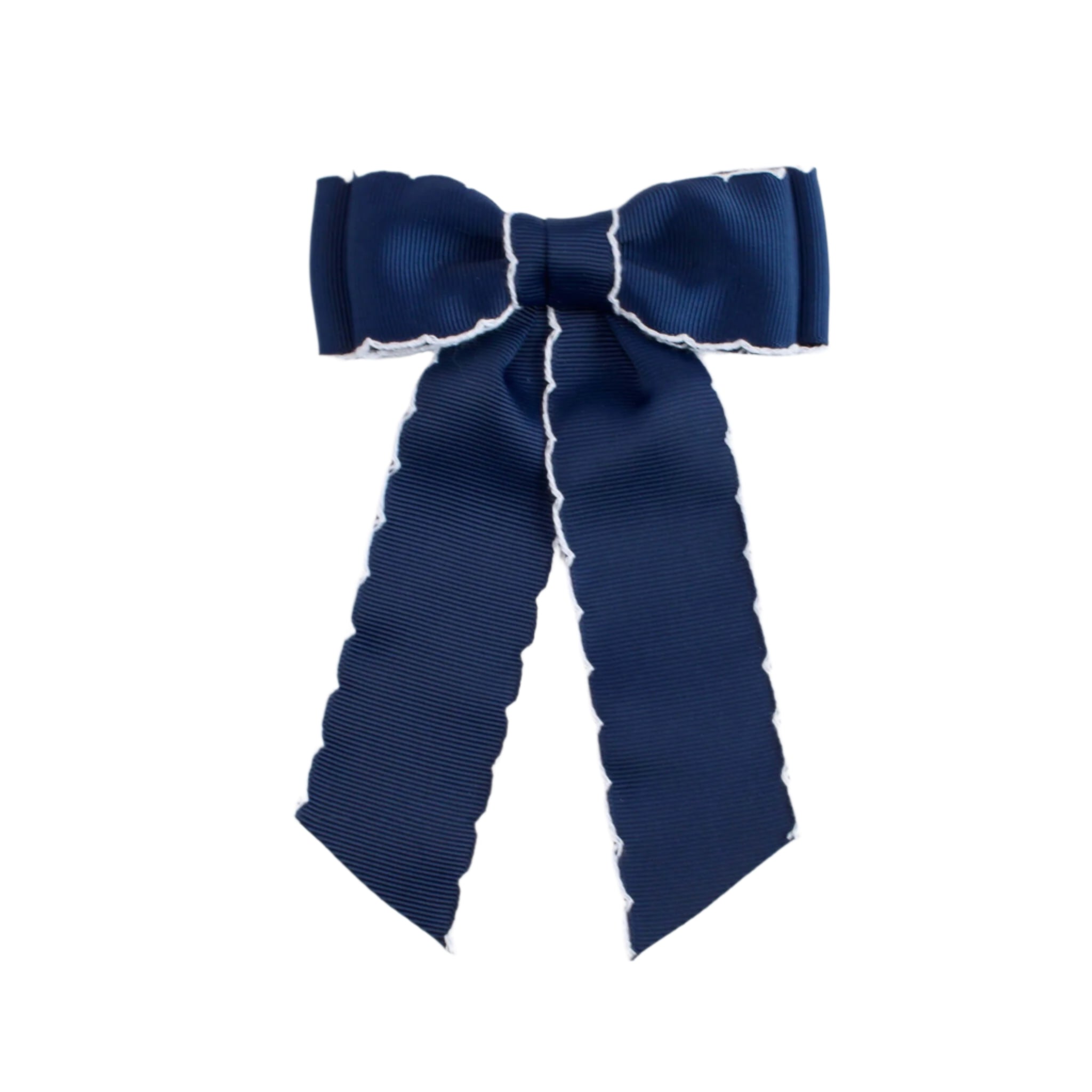 Navy blue bow with white edge on a light gray background