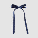 Olivia Picot Satin Bow in navy with picot edges for elegant hairstyles, available with alligator clip or barrette.