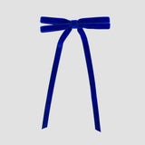 Royal blue Olivia velvet hair bow for women with long tails on white background