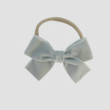 SIlver gray Kayla velvet hair bow headband for baby girl.