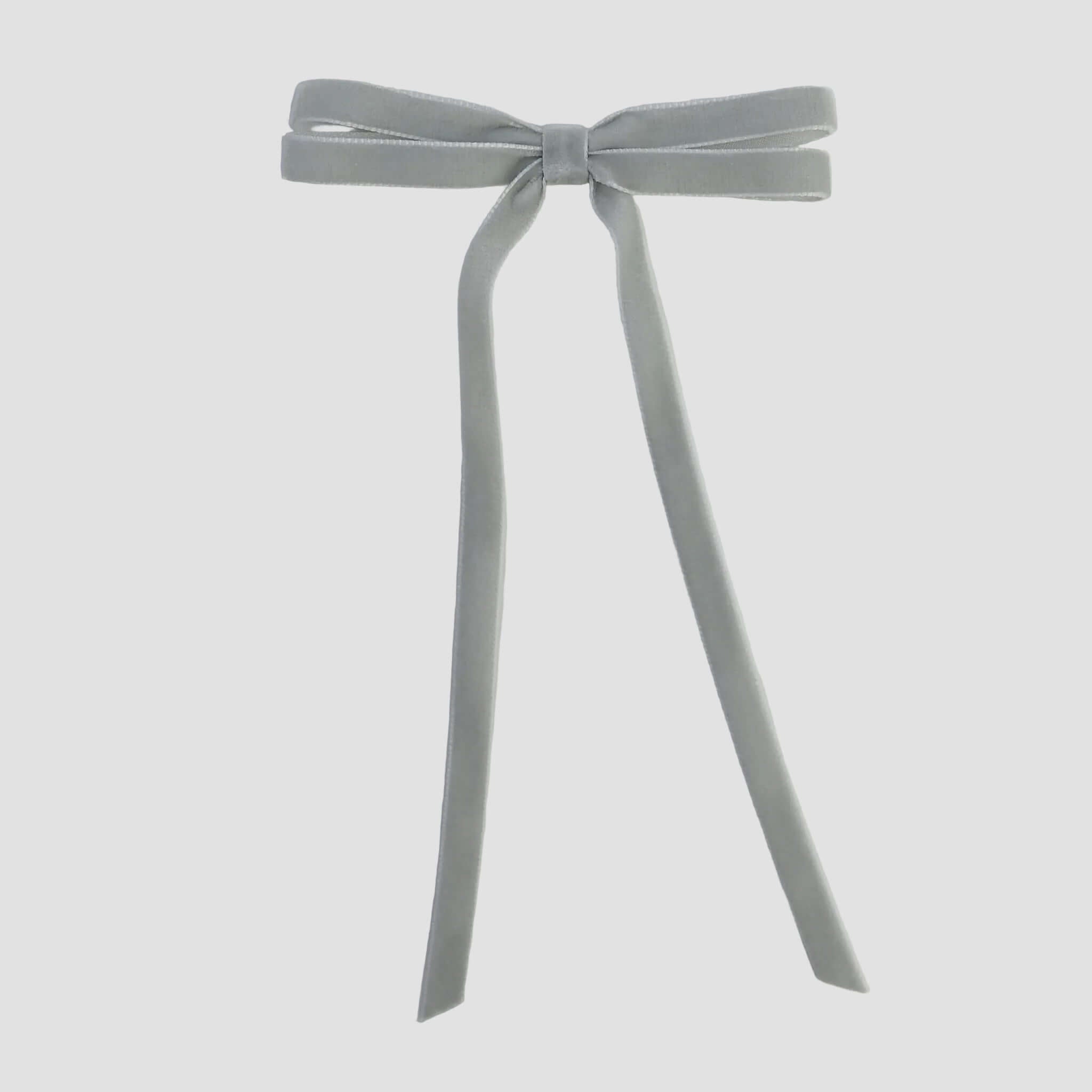 Silver gray Olivia velvet hair bow for women with long tails on white background