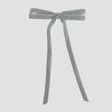Silver gray Olivia velvet hair bow for women with long tails on white background