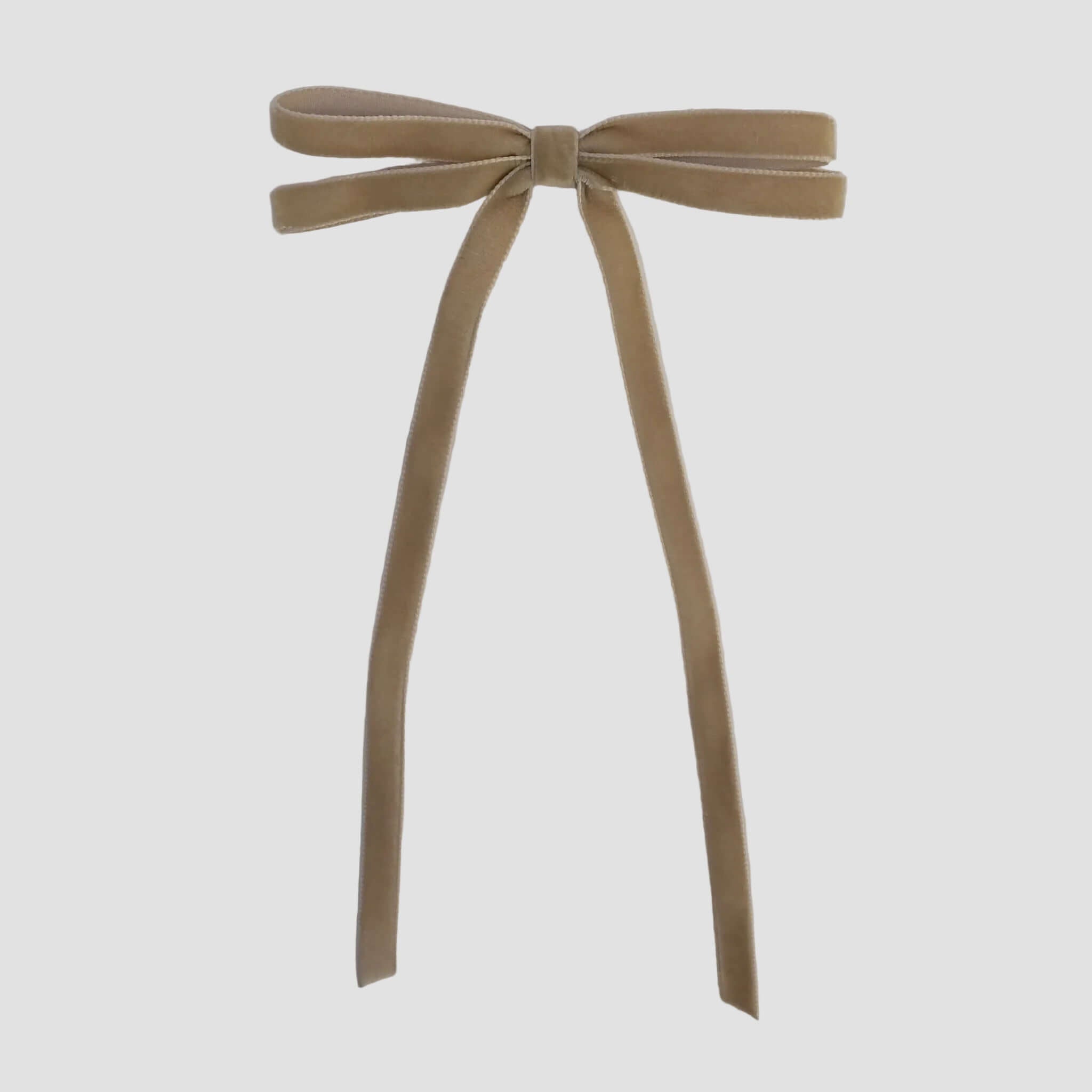 Taupe beige Olivia velvet hair bow for women with long tails on white background