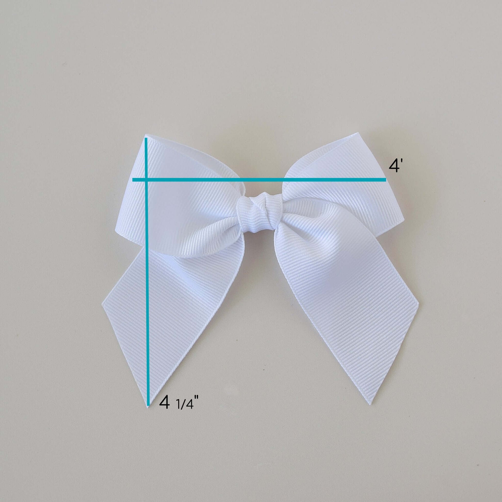 White 4-inch grosgrain sailor bow for toddlers and girls, shown with measurement details, perfect hair accessory in neutral tones.
