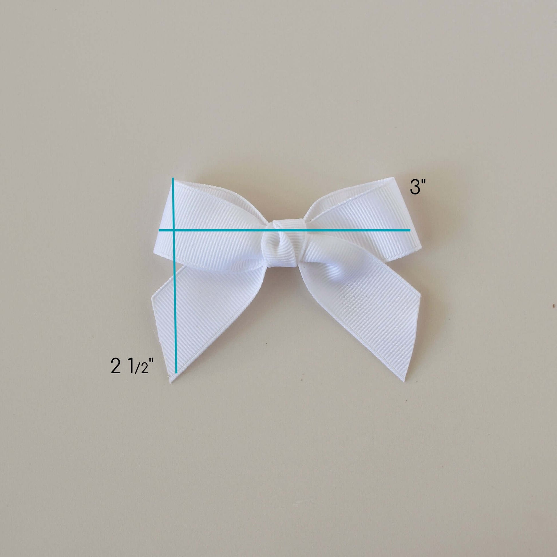 3 inch white grosgrain sailor bow clip with measurements 3"W x 2.5"H, perfect for babies and toddlers, shown on a neutral background.
